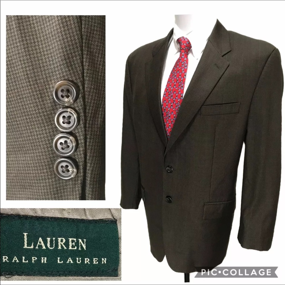 Lauren Ralph Lauren Cashmere Wool Blend Brown Houndstooth Blazer Sport Coat 44 R